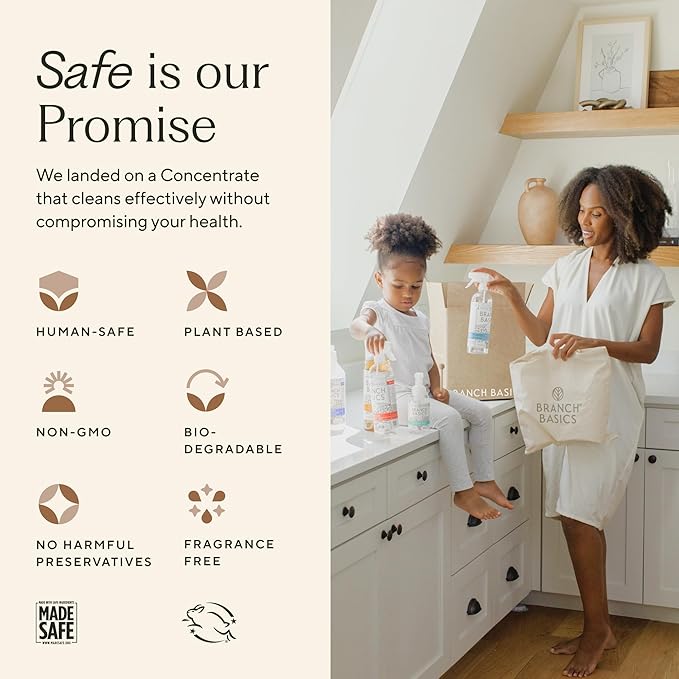 Branch Basics Cleaning Essentials Kit: All Purpose, Glass and Bathroom Cleaner - Concentrate (33.8 Oz) (24 Refills) + Refillable Glass Spray Bottles (16 Oz) Plant Based, Human-Safe, & Fragrance Free