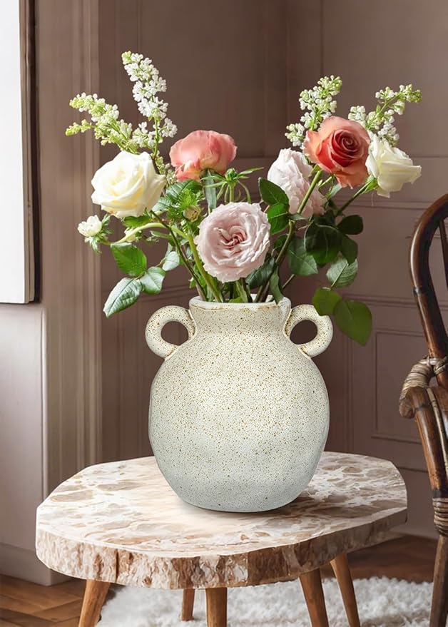 Rustic Ceramic Farmhouse Flower Vase with 2 Handles, Large Vases for Home Decors, Living Room, Bookshelf, Office, Grand Millennial Decor 8.2 Inch