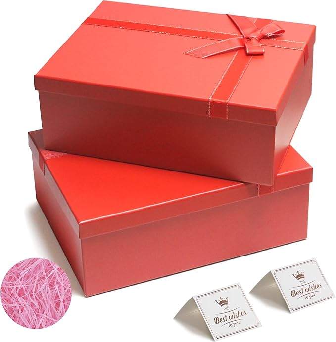Large Gift Boxes for Presents, 2 Pack 13"x10"x5" Red Gift Wrap Boxes, Red Gift Box with Lid, Empty Box for Gift Wrapping