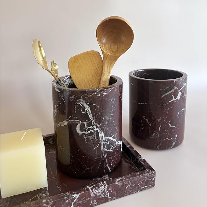 Handmand Natural Marble with Holes Stone Vintage Kitchen Utensil Holder - 5.1" D X 6.3" H Kitchen Counter Organizers and Storage Tool Crock (Rosa Levanto Marble)