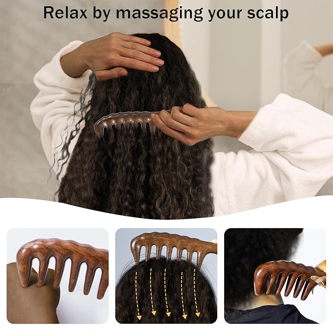Wooden Wide Tooth Comb for Curls, 2 Pcs Thicken Natural Sandalwood Hair Combs for Women and Men, Detangles Long Thick Wet or Dry Hair, Head Scalp Massager, Anti-static (Golden, Long&Short)