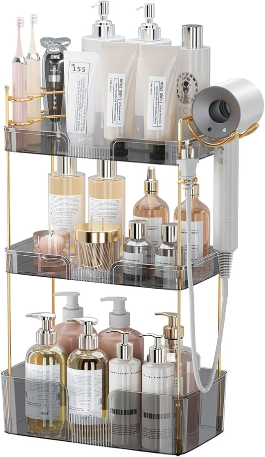 3 Tier Bathroom Organizer Countertop Makeup Perfume Tray Skincare Organizer Comes with Hair Dryer Rack and Toothbrush Holder for Bathroom Dresser Vanity (Grey)