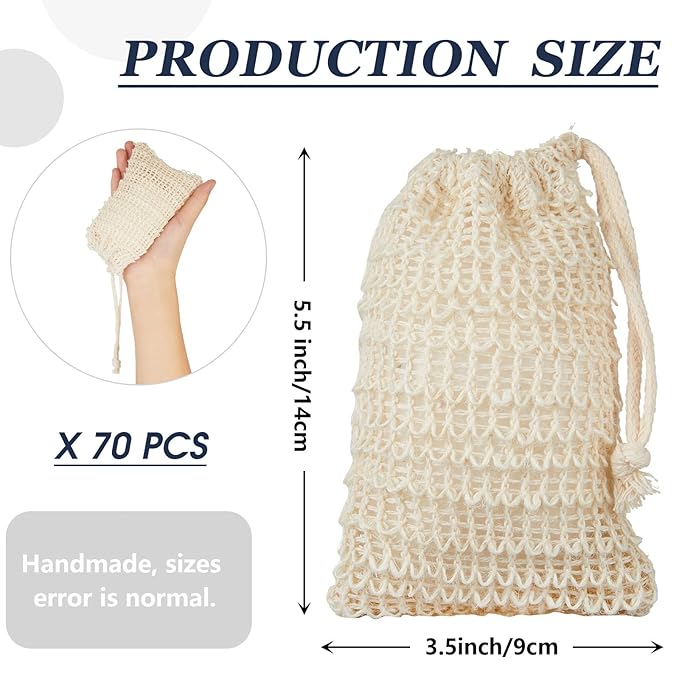 Cunhill 70 Pack Soap Saver Bag Bar Exfoliating Pouch Sisal Soap Savers Mesh Bag with Drawstring Foaming and Drying Holder for Bath and Shower