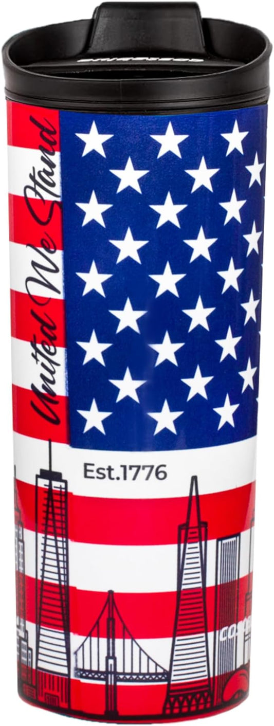 USA Vacuum Insulated Stainless Steel Thermal Travel Mug, 16 oz, Easy Clean, Flip leak Proof Lid United States of America Flag with USA Skylines…