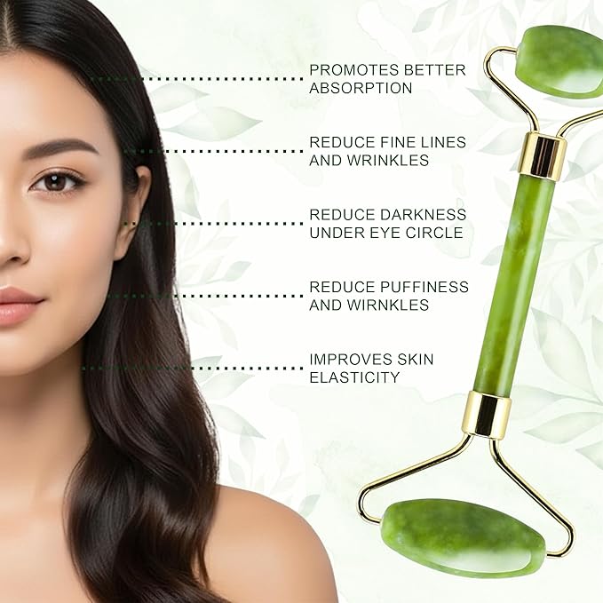 4-Piece Body Roller Jade & Authentic Jade Roller and Gua Sha Set for Face and Body Sculpting, Puffiness Reduction, Lymphatic Support, and Relaxing Spa Massage
