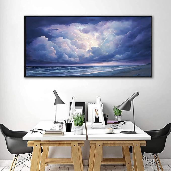 yiijeah Living Room Wall Decor - Modern Wall Art for Bedroom Office Decor Large Abstract Thundercloud Beaches Coast Painting Framed Canvas Prints Ready to Hang Wall Pictures Home Decor
