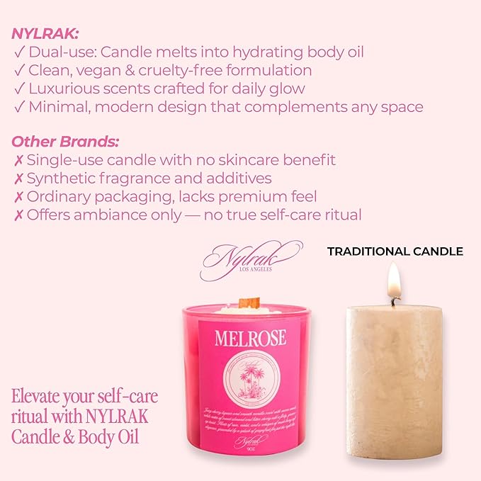 Nylrak™ Melrose Hydrating Body Oil Candle, Cherry, Vanilla and Rose Scent, Soy and Coconut Wax with Natural Wood Wick, Melts into a Moisturizing Body Oil, Vegan and Cruelty Free (Large, 14, Ounce)