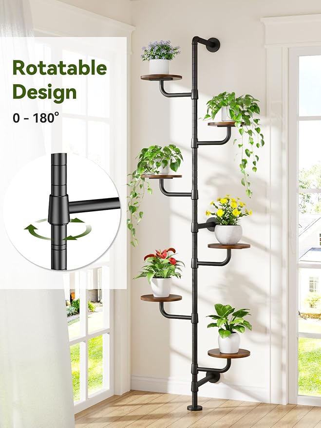 Plant Stand Indoor, 6-Tier Plant Shelf, Tall Wall Mounted Metal Pole & Rotating Wooden Board Plant Holder for French Window, Corner, Home Decor - C5