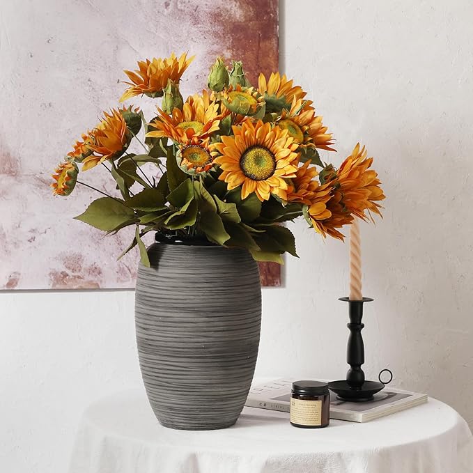 ALMA Large Black Vase Home Decor, 12'' Tall Gray Boho Decorative Vase with Wide Mouth, Ceramic Table Pampas Grass Vase for Centerpieces, Living Room, Farmhouse, Entryway, Mantel, Bookshelf