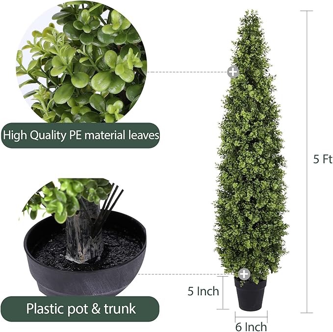 5FT Artificial Boxwood Topiary Tree Fake Topiary Potted Plants for Home Office Garden Indoor Outdoor Decoration 59INCH(2PACK)