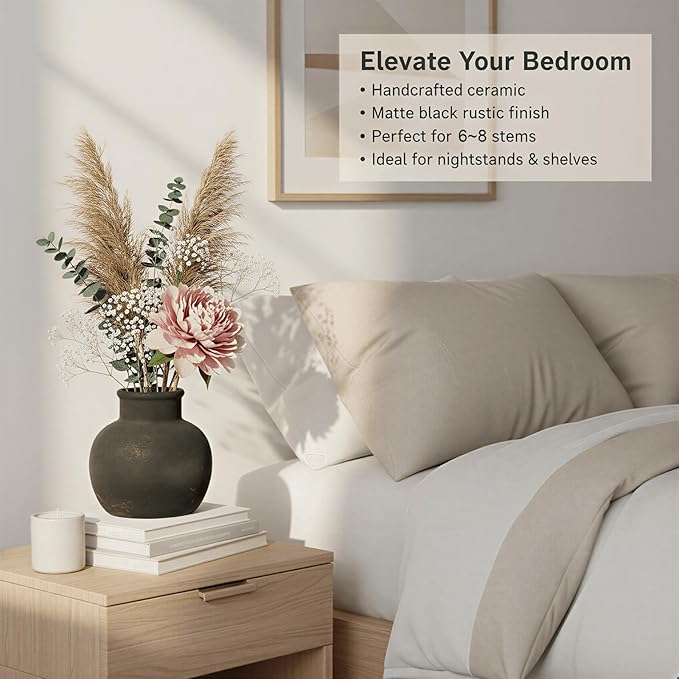 Ceramic Flower Vase, 5.5-Inch Black Pottery Rustic Farmhouse Boho Vase, Handcrafted Decorative Vase for Home Decor, Centerpieces, Table, Living Room, Mantel, Shelf