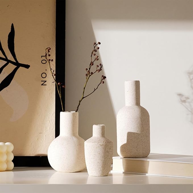 DN DECONATION Ceramic Vase Set of 3, Small Vases Home Decor Boho Rustic Farmhouse for Pampas Grass & Dried Fresh Flowers, Modern Decorative Vases for Living Room, Bedroom, Entryway, Shelf, Table Decor