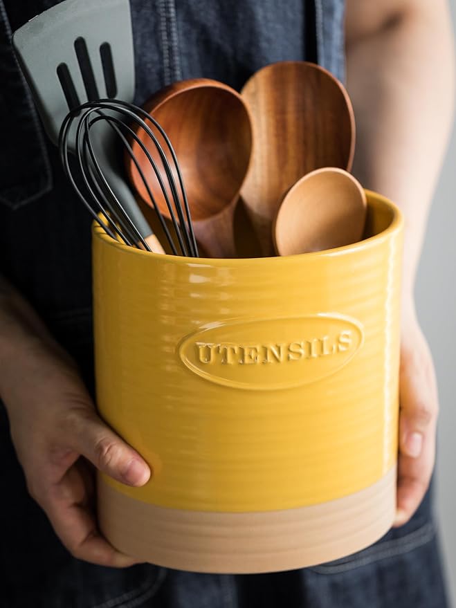 YHOSSEUN Kitchen Utensil Holder for Countertop, Ceramic Utensil Holder for Kitchen Counter, Cooking Utensil Crock for Spatula, Oval Shape, Yellow