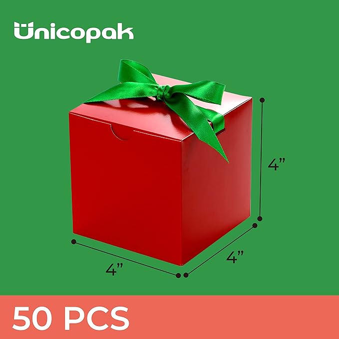 UnicoPak 50 Pack 4x4x4 Christmas Red Gift Boxes - Holiday Boxes With Lids for Presents, Ornaments, Candles, Mugs, Crafting - for Christmas Birthday, Party
