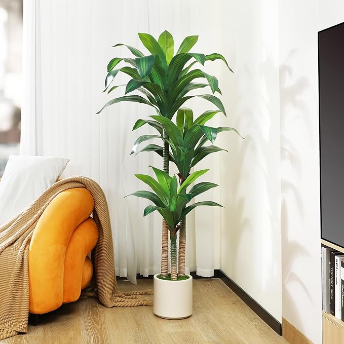 Artificial Dracaena Tree 5ft, Tall Fake Dracaena Plants with White Planter, Faux Dragon Tree Indoor Floor Plant for Home Decor Office Living Room Porch Housewarming, 1Pcs