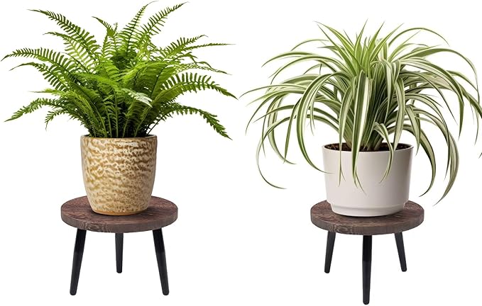 2 Pcs 8 inch Plant Stands, Small Floor Indoor Plant Stand, Mid Century Wood Planter Stand with Metal Leg, Round Modern Plant Stool for Indoor Outdoor Flower Pots (Brown)