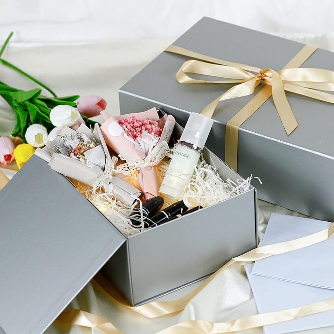 MOYEUPAC Silver Gift Box,9" X 7" X 4" with Lids for Presents Magnetic Closure Gift Packaging for Christmas, Halloween, Birthday and Various Holidays