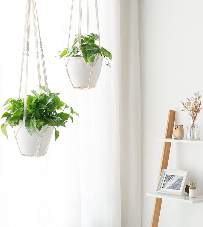 Dahey Macrame Plant Hanger Indoor Outdoor Hanging Planter Basket Large for up to 12" Pot Handmade Woven Cotton Rope Flower Pots Holder for Boho Home Decor, 43 Inch, Set of 2, Ivory