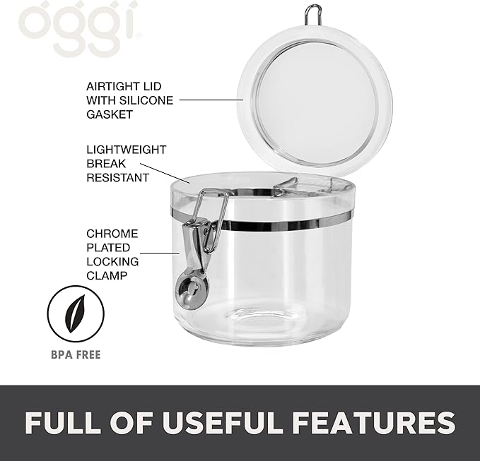 Oggi Clear Canister with Clamp Lid, 28 oz - Large Airtight Food Storage Container, for Kitchen & Pantry Storage of Bulk, Dry Foods Including Pasta, Flour, Sugar, Coffee, Rice, Tea, Spices & Herbs