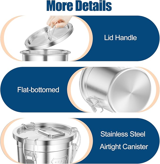 304 Stainless Steel Airtight Canister 5.55Gal /710.4oz/21L Airtight Food Storage Container with Lid and Lock Clips, Large Metal Storage Canister for Coffee Beans, Flour, Tea, Sugar, Cereals