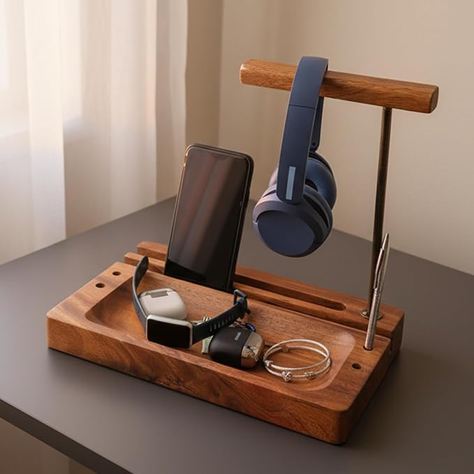 Solid Acacia Wood Multiple Headphone Stand – Multi-Device Holder for iPad, iPhone, Tablets & Phones, Desk Organizer with Tray, Pen & Pencil Holder, 1.5" Thick Base, Wooden Tech Dock