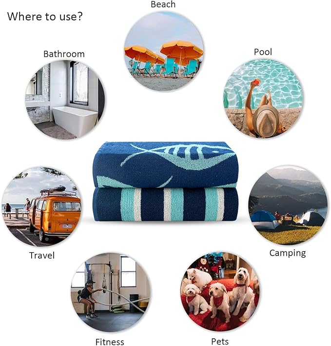 CASA COPENHAGEN Miami Bath Towels Designed in Denmark Rough and Tough, Quick Dry, for Pool, Bath & Shower 30"x60", 2 Pieces Cotton Beach Towels Set - Fish Navy + Turquoise Stripe