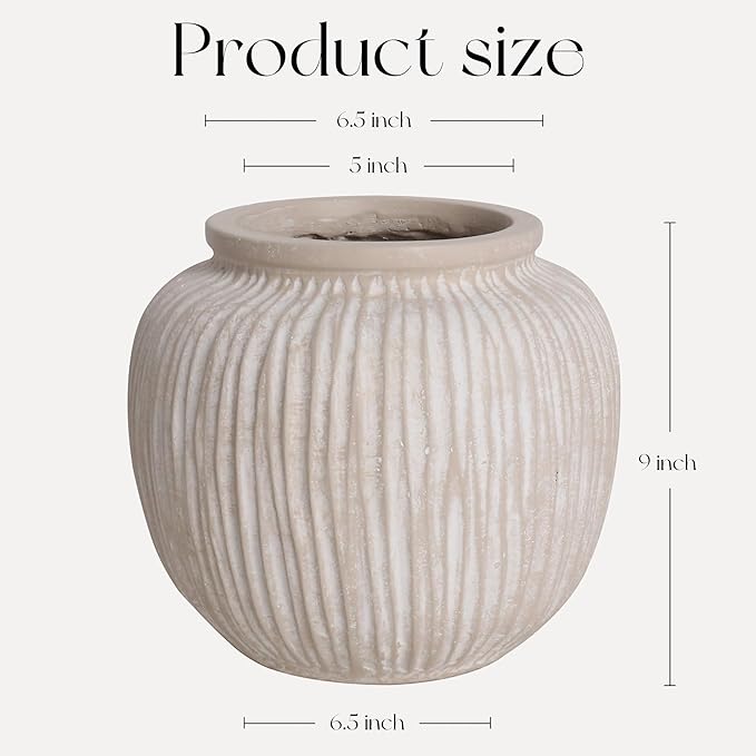 Oakrain Large Rustic Minimalist Vase, 9" Distressed Round Floor Vase for Home Decor, Farmhouse Centerpieces Planters for Living Room Indoor Outdoor Use, Vintage White