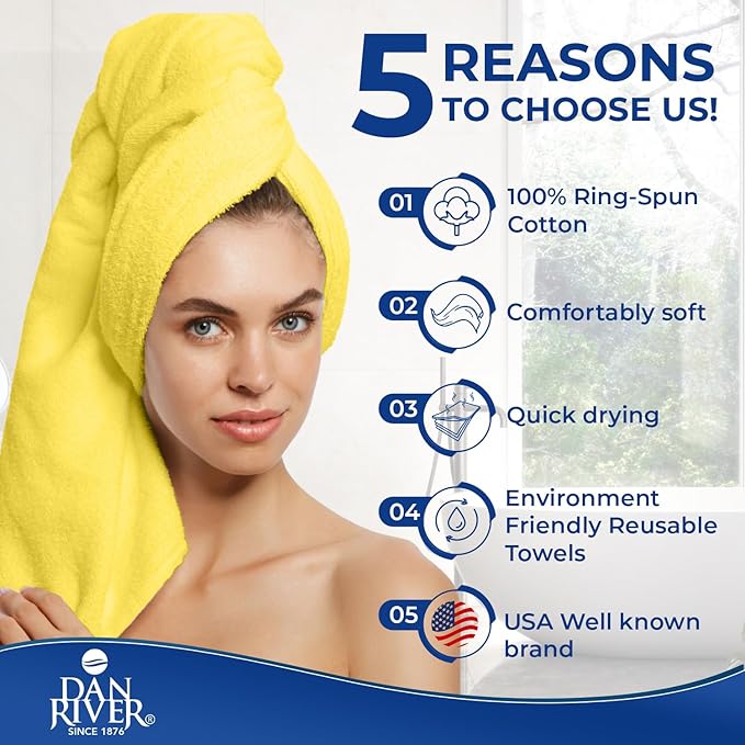 DAN River 8 PC Luxury Bath Towels for Bathroom, 2 Bath, 2 Hand, and 4 Wash Cloths, 600 GSM 100% Ring Spun Cotton Towel Set, Highly Absorbent, Gym, Hotel, and Spa, Yellow