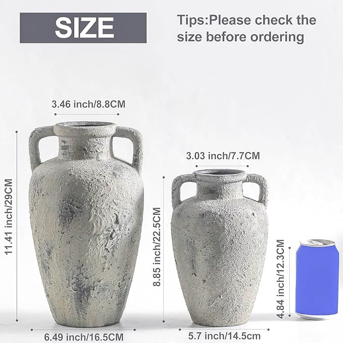 Rustic Vase for Flowers, Ceramic Christmas Terracotta Vase with Handles, 8.85 inch Tall Vintage Farmhouse Flower Vase for Home Decor, Wide Mouth, Living Room Shelf Decor, Enterway, Table