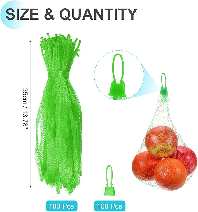 uxcell 100 Pcs Reusable Mesh Produce Bags, 35cm/14 Inch Washable Net Storage Bags Reusable Grocery Reusable Storage Bags with Plastic Buckle for Fresh Fruit Vegetables Seafood, Green