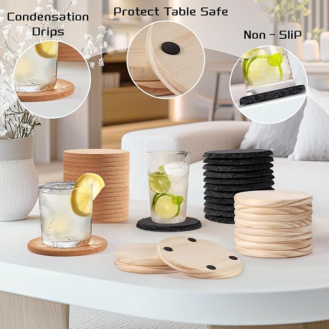 90 PCS Round Blank Coasters Bulk for Laser Engraving, MAPRIAL 4 Inch 100% Natural Black Slate Stone, Wood, Cork, Engravable Materials for Engraver, Gifts, Crafts