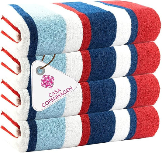 CASA COPENHAGEN Bora Bora Beach Towels Designed in Denmark Rough and Tough, Quick Dry, for Pool, Bath & Shower 30x60 inches 4 Pieces Cotton Beach Bath Towels Set - Red