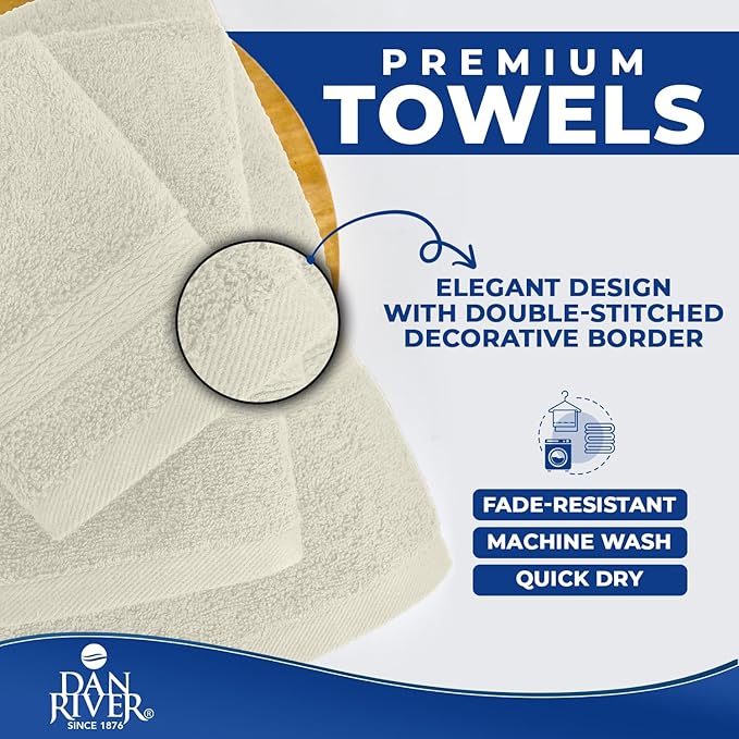 DAN RIVER 8 PC Luxury Bath Towels for Bathroom, 2 Bath, 2 Hand, and 4 Wash Cloths, 600 GSM 100% Ring Spun Cotton Towel Set, Highly Absorbent, Gym, Hotel, and Spa, Ivory