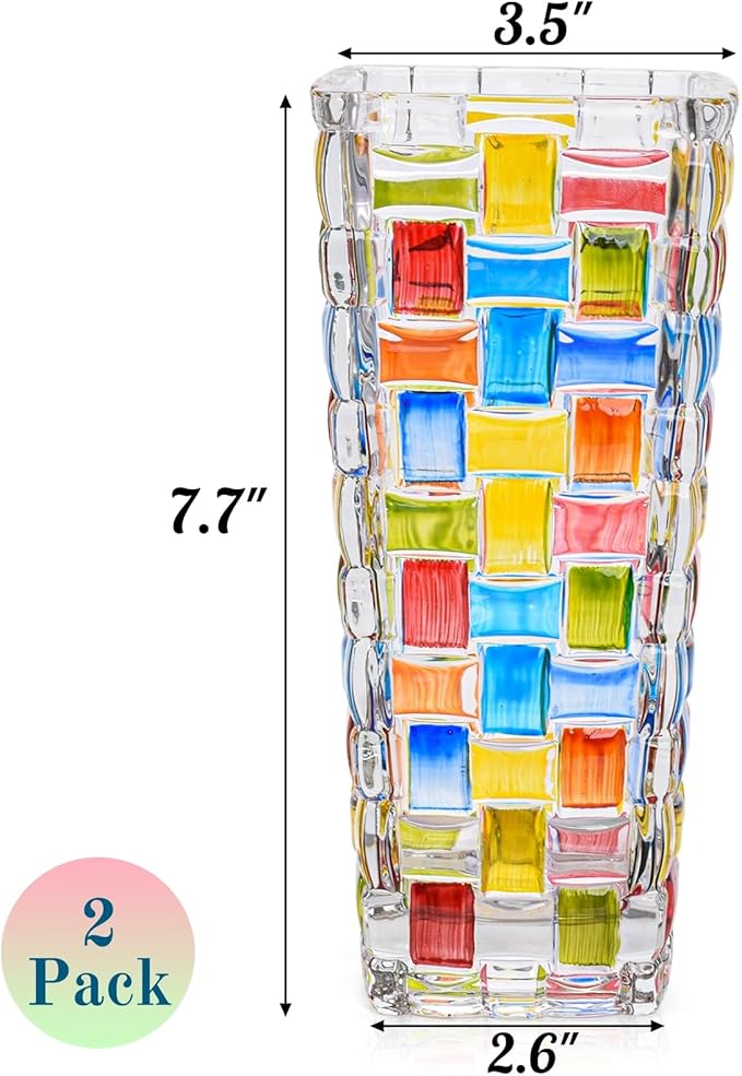 2 Pack Colorful Woven Glass Vase, 7.7" Stained Hand Painted Flower Vases, Unique Crystal Mosaic Vase for Art Centerpiece Table Home Indoor Desk Decor, Wedding Housewarming Gift