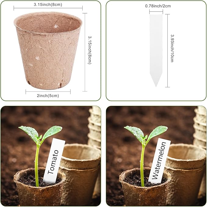 Peat Pots for Seedlings 3.15 Inch, Biodegradable Round Seed Starter Pots with 10 Plant Labels for Garden Germination, Nursery Pot with Drainage Holes (40 Pack/3.15 Inch)
