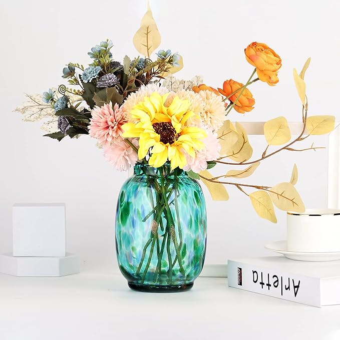 Blown Glass vase, Green Round Mouth vase, Modern Glass Art vase, Living Room Decorative vase for Living Room, Kitchen, Wedding, Dining Room Table, Office Centre Table with Flowers