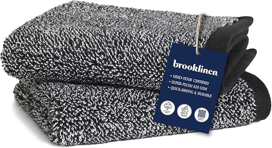 Brooklinen Super-Plush Turkish Cotton Washcloths Set of 2 Cotton, 820 GSM, Highly Absorbent, Machine Washable, Perfect for Home & Bathroom (13" x 13", Marled Black)