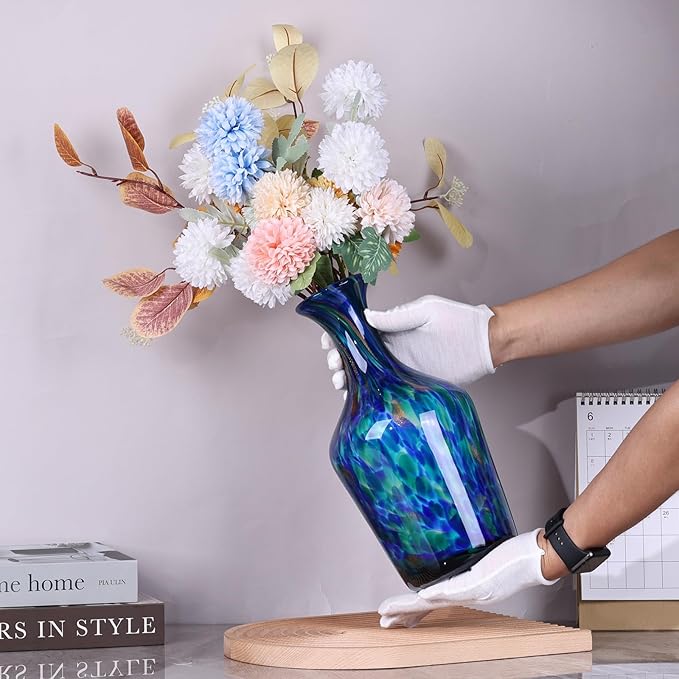 12.2" Tall Hand Blown Glass Vase – Pretty Teal Decorative Flower Vase, Modern Vintage Fusion Home Decor, Colorful Murano Glass Vases for Table Centerpieces, Living Room, Bathroom, Entry Table