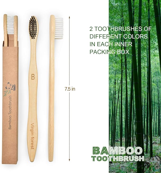 Virgin Forest Bamboo Toothbrushes, Eco Friendly BPA Free Soft Bristles Toothbrush, Biodegradable Natural Wooden Toothbrushes, Vegan Organic Bamboo Charcoal Tooth Brush for Sensitive Gums Set of 10