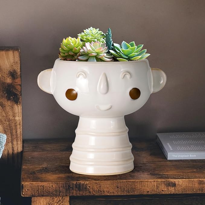 Head Planter for Indoor Plants - 7 Inch Ceramic Face Planter, Cute Succulent Pot with Drainage Hole, Indoor Outdoor Flower Plant Pot, Home Garden Decor, Gift for Plant Lovers, White