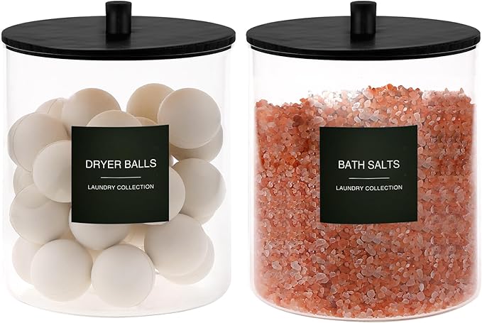 3 Pack Glass Jars and Acrylic Dryer Sheet Holder, Laundry Pods Container with Bamboo Lid and Measuring Cups for Laundry Room Organization, Powder Detergent Containers (Black)