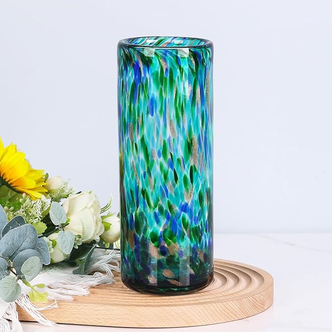 9.45" Tall Teal Vase Hand Blown Glass Vase Green, Modern Teal Home Centerpieces Wide Mouth Vases for Bud&Flower Decor - Ideal Living Room, Kitchen, Wedding, Dining Table, Office Center Table