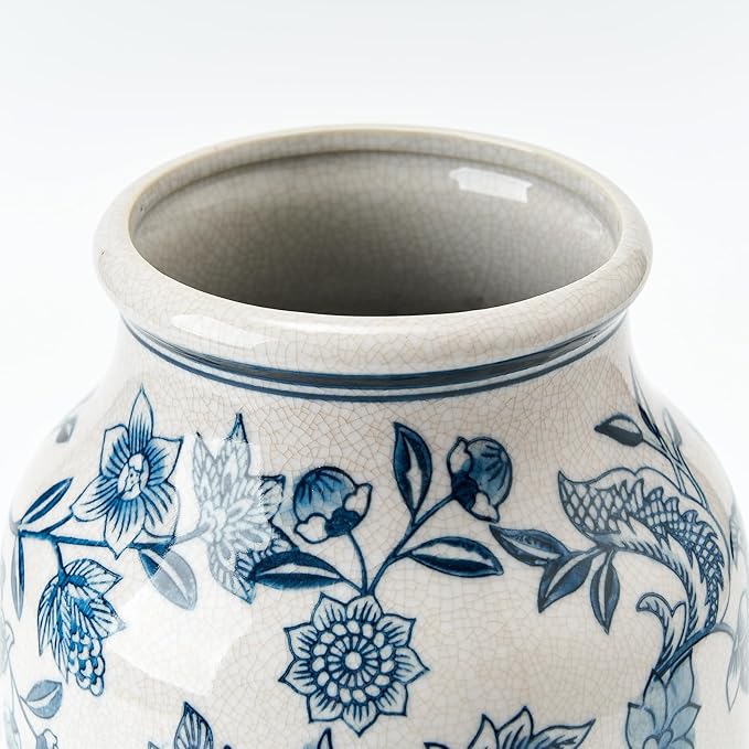 SIDUCAL Blue and White Vintage Vase, 9.4 Inch Ceramic Chinoiserie Floral Vase, Retro Ice Cracked Blue and White Porcelain for Home Decor Centerpieces, Living Room, Bookshelf, Office