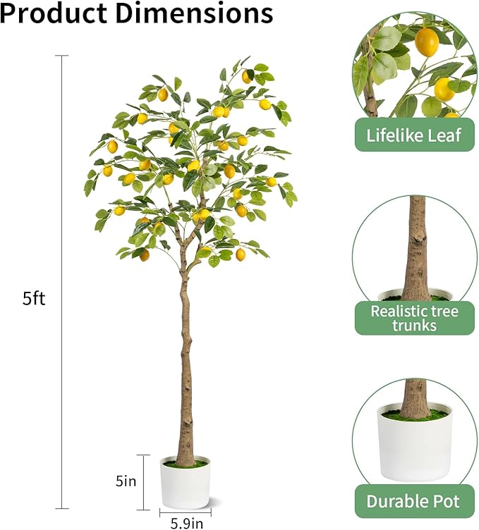 Artificial Lemon Tree 5FT Tall Faux Lemon Tree 5 Feet Fake Lemon Tree Faux Plants with Realistic Trunk and Lifelike Leaves and Fruits for Home Office Decor (Lemon Tree, 5 FT)