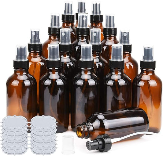 ULG Amber Glass Spray Bottles 4oz Brown Glass Bottle Fine Mist Sprayers Empty Spray Atomizer Including Waterproof DIY Labels 16 Piece