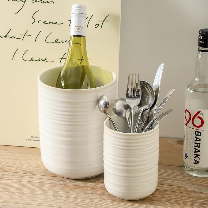 HASENSE Cooking Utensil Holder, 7.4"+5.5" Ceramic Kitchen Utensil Holder for Counter, Rustic Utensil Oganizer Crocks for Spatula, Kitchen Gift for Christmas Wedding, Set of 2, Clay-Infused White