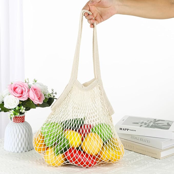 2 Pack Reusable Mesh Grocery Bags, String Bags Cotton Net Tote Produce Bag Washable Long Handle Farmers Market Bag Portable Fruit and Vegetable Bags, Beige
