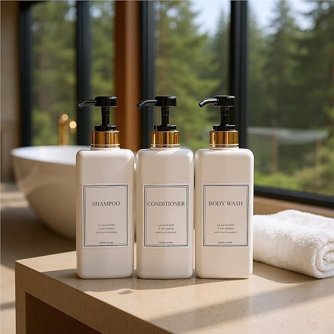 Modern Gold Design Large 27 oz Shampoo and Conditioner Dispensers - Empty Plastic Refillable Pump Bottle Set for Bathroom Shower Soap Dispenser, Gift Box Included, Set of 3 (Black)