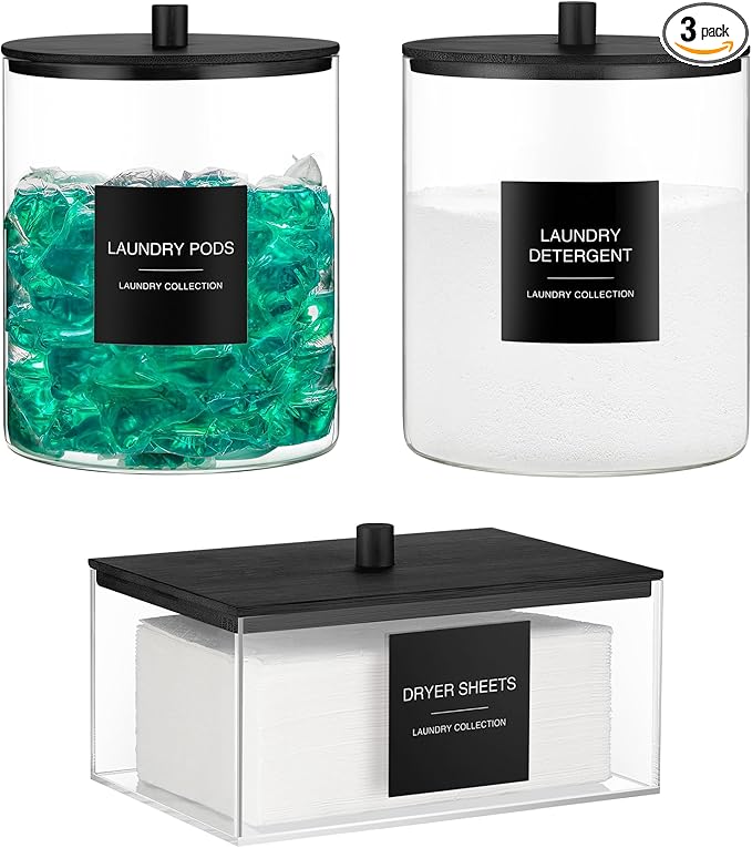 Glass Jars and Acrylic Dryer Sheet Holder, Laundry Pods Container with Bamboo Lid and 27 Labels, Powder Detergent Containers for Laundry Room Organization, Storage Jars Set (3 Pack, Black)