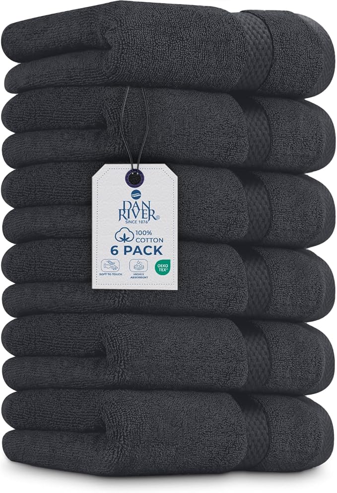 DAN RIVER 6-Pack Premium Hand Towels (16x28 Inches) - 100% Cotton, Ultra Soft, Lightweight, Highly Absorbent Towels for Bathroom, Spa, Gym, Salon, Hotel, and Travel - 550 GSM – Charcoal